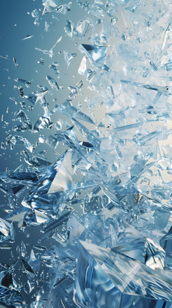 Shattered glass fragments visualized artistically in blue tonesの素材