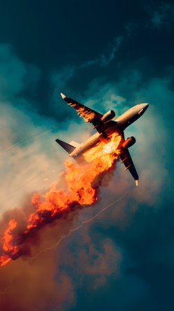 An airplane on fire, showing aviation emergency with flames and dangerの素材