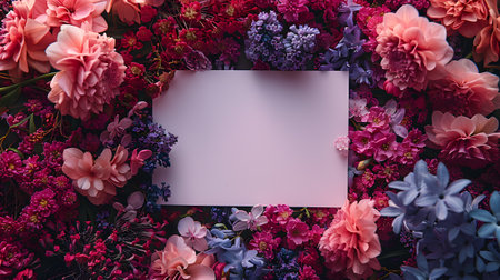 Pink, purple, and red flowers surround a white card in the centerの素材