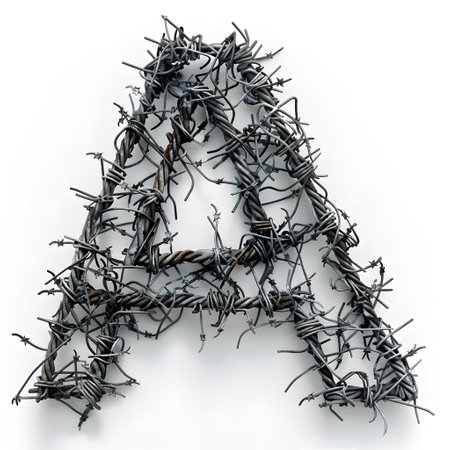 Barbed wire letter A on white background in pine family font styleの素材