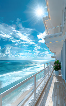 Bright Balcony Overlooking Ocean with Sun and Blue Skyの素材