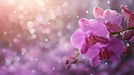 Close up of purple orchid flower with water drops on violet backgroundの素材