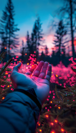 Hand reaches towards twinkling fireflies in a field under the purple skyの素材