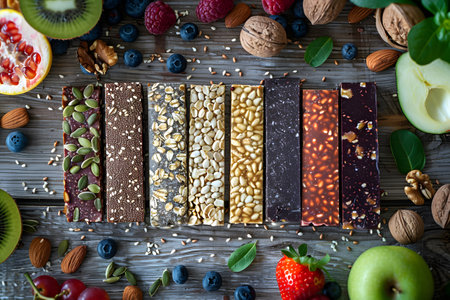 a wooden table topped with fruits , nuts , and granola barsの素材