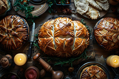 Table adorned with a variety of pastries, candles, and natural foodsの素材