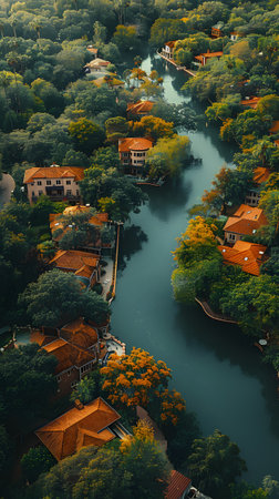 Aerial view of a river meandering through a riparian zone with trees and housesの素材