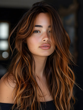 A woman with brown layered hair is wearing a black topの素材