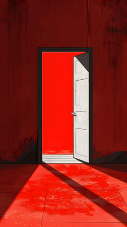 Wooden door ajar in dim room with magenta wall, symmetrical art fixturesの素材