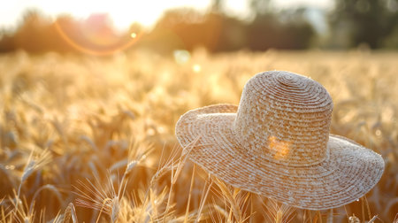 A straw hat in a wheat field at sunset, showing natures beautyの素材