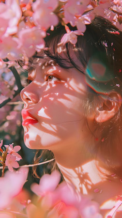 Spring Blossom Portrait of Woman with Pink Flowers and Soft Lightの素材