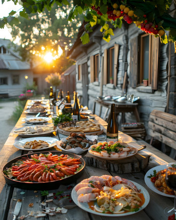 Outdoor Rustic Dinner Table with Various Delicacies at Sunsetの素材