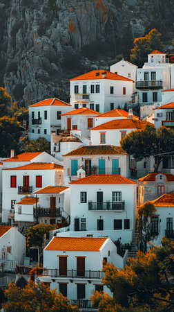 Row of white houses with orange roofs on hillside in urban residential areaの素材