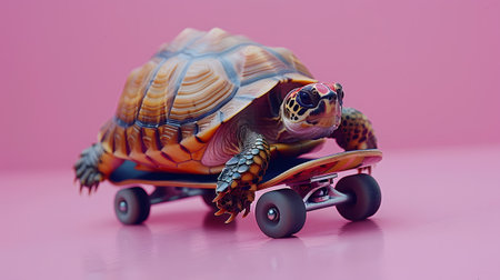 Reptile on wheels turtle skateboarding on pink surfaceの素材