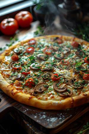 Californiastyle pizza with mushrooms and tomatoes on a wooden cutting boardの素材