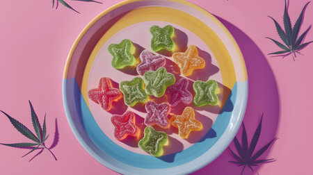 Colorful Gummies Arranged on Plate with Cannabis Leavesの素材