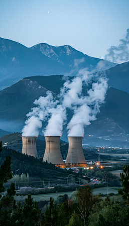 Nuclear power plant in mountain emits smoke from cooling towersの素材
