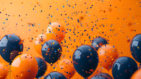 Colorful balloons and confetti floating in the air against an orange backgroundの素材