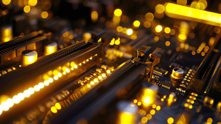 Close-Up of Circuit Board with Glowing Lights and Microchipsの素材