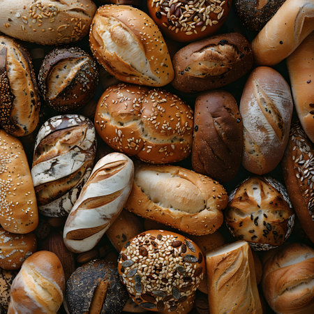 Assorted bread loaves piled high, made from natural ingredientsの素材