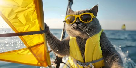 Cool Cat Sailing Adventure, Feline in Sunglasses and Life Jacketの素材