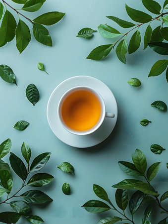 Coffee cup with Dianhong tea on saucer, surrounded by green leaves on tableの素材