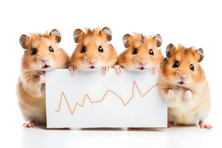 Four Hamsters Holding a Chart with a Line Graph on White Backgroundの素材