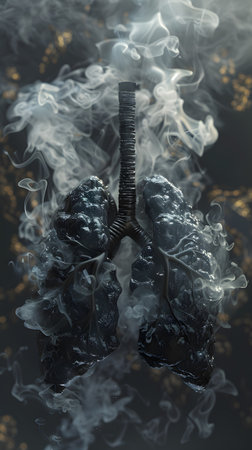 Closeup of smokecovered lungs resembling a dark landscape paintingの素材