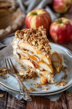 Delicious Apple Pie Slice with Crumble Topping on a Plateの素材