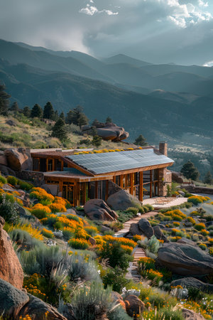 A house perched on a hill with mountains and clouds in the backgroundの素材
