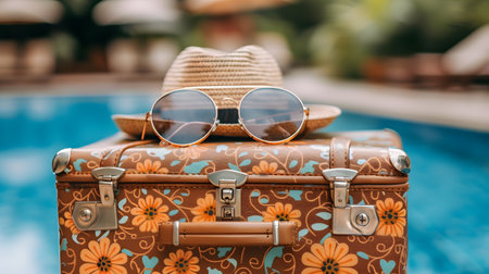 Suitcase adorned with hat and sunglasses, ready for a stylish getawayの素材