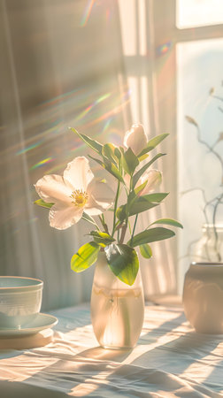 Sunlit Flower Vase by a Window with Tea Cup on Tableの素材