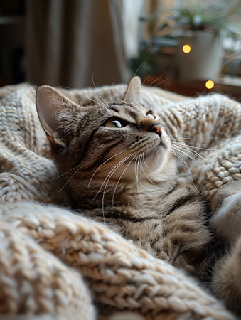 A domestic shorthaired cat is snuggled on a blanket, finding comfort on a bedの素材