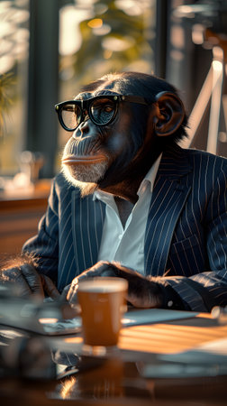 Terrestrial animal in suit and glasses sits at table with tablewareの素材