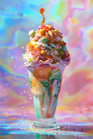 Colorful Whimsical Ice Cream Sundae with Sprinkles and Creamの素材