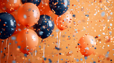 Electric blue balloons and confetti contrast against a moist orange backgroundの素材