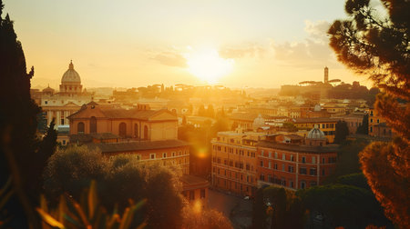 Sun setting over city skyline with trees and buildings in foregroundの素材