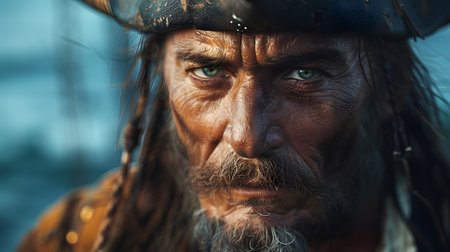 a close up of a man with dreadlocks and a beard wearing a pirate hatの素材