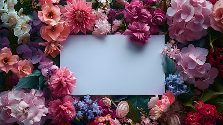 A white card sits among vibrant flowers in shades of pink, violet, and magentaの素材