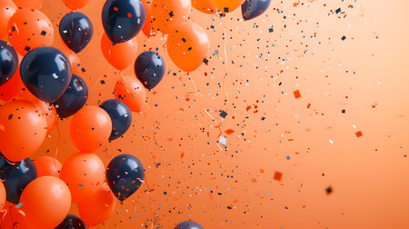 Amber confetti falling on orange background with black balloonsの素材