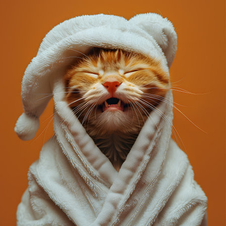 Felidae in white robe and hat, closeup with eyes closedの素材