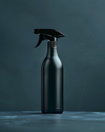A black plastic spray bottle is resting on the tableの素材