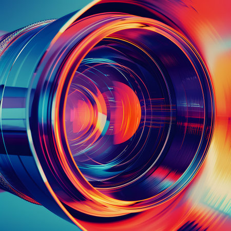 Vibrant circle of colors in camera lens on colorful backgroundの素材