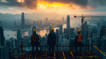 Construction workers on building top at sunset, cityscape belowの素材