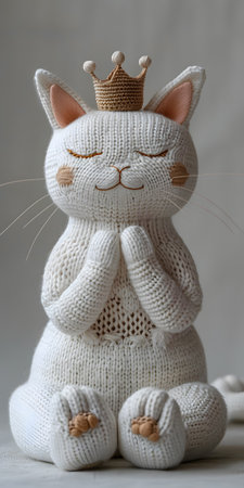 Feline toy sculpture of a cat with a crown, eyes closedの素材