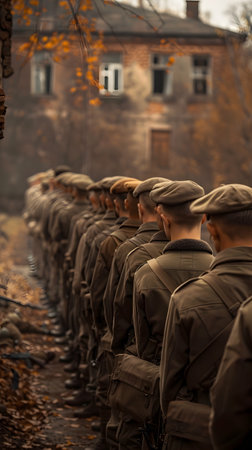 Soldiers stand in line outside building, city landscape as backgroundの素材