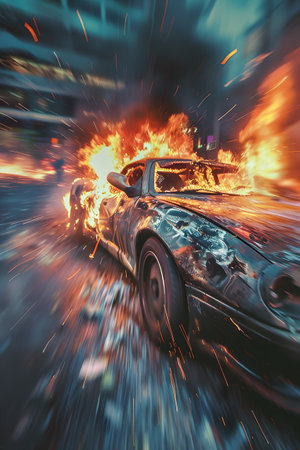 Burning Car in Action: Blaze and Destruction on City Streetsの素材