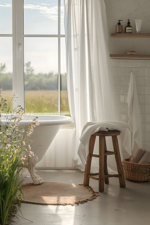 Chic bathroom with tub and refined decor for a serene atmosphereの素材