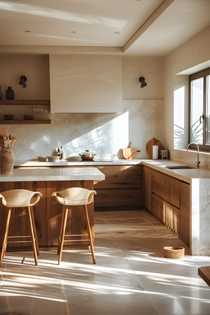 Kitchen with hardwood cabinets, stools, sink, and windowの素材
