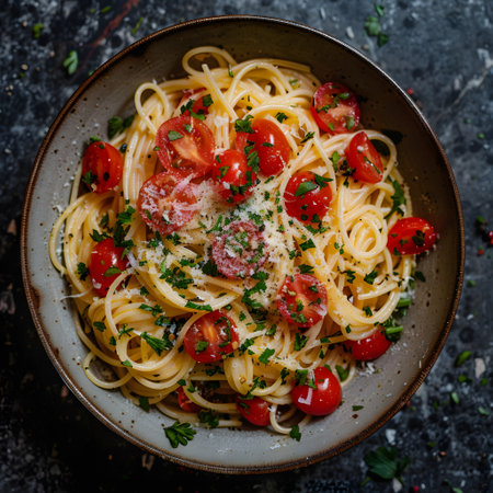 Food Pasta stringozzi with tomatoes and parsley. Al dente noodles on tablewareの素材