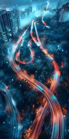 Aerial view of electric blue highway at night with city in backgroundの素材